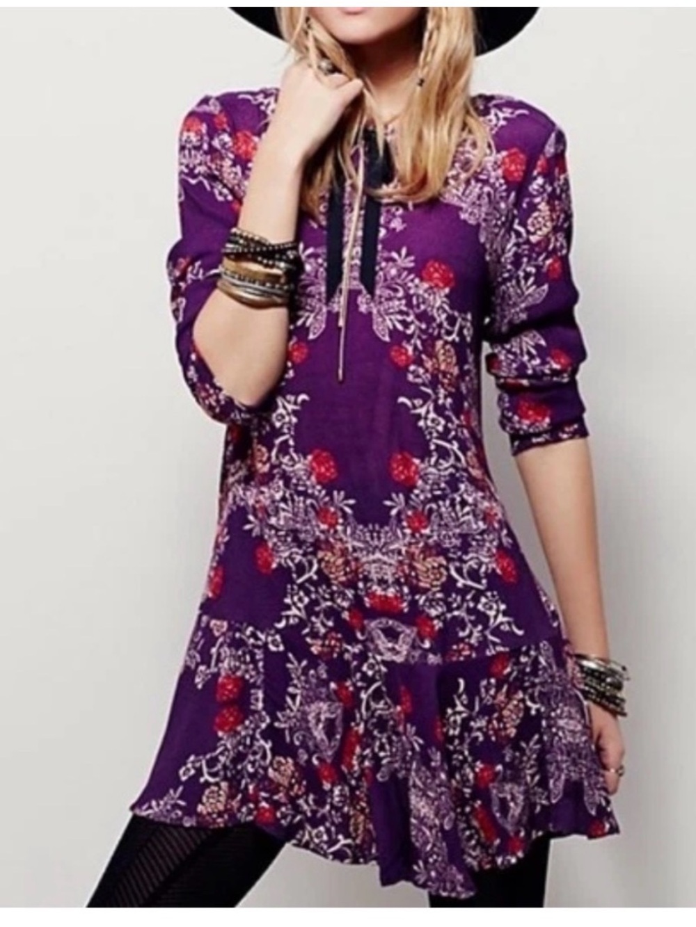 Free People Smooth Talker Purple Floral Long-Sleeve Tunic Dress Size Small
